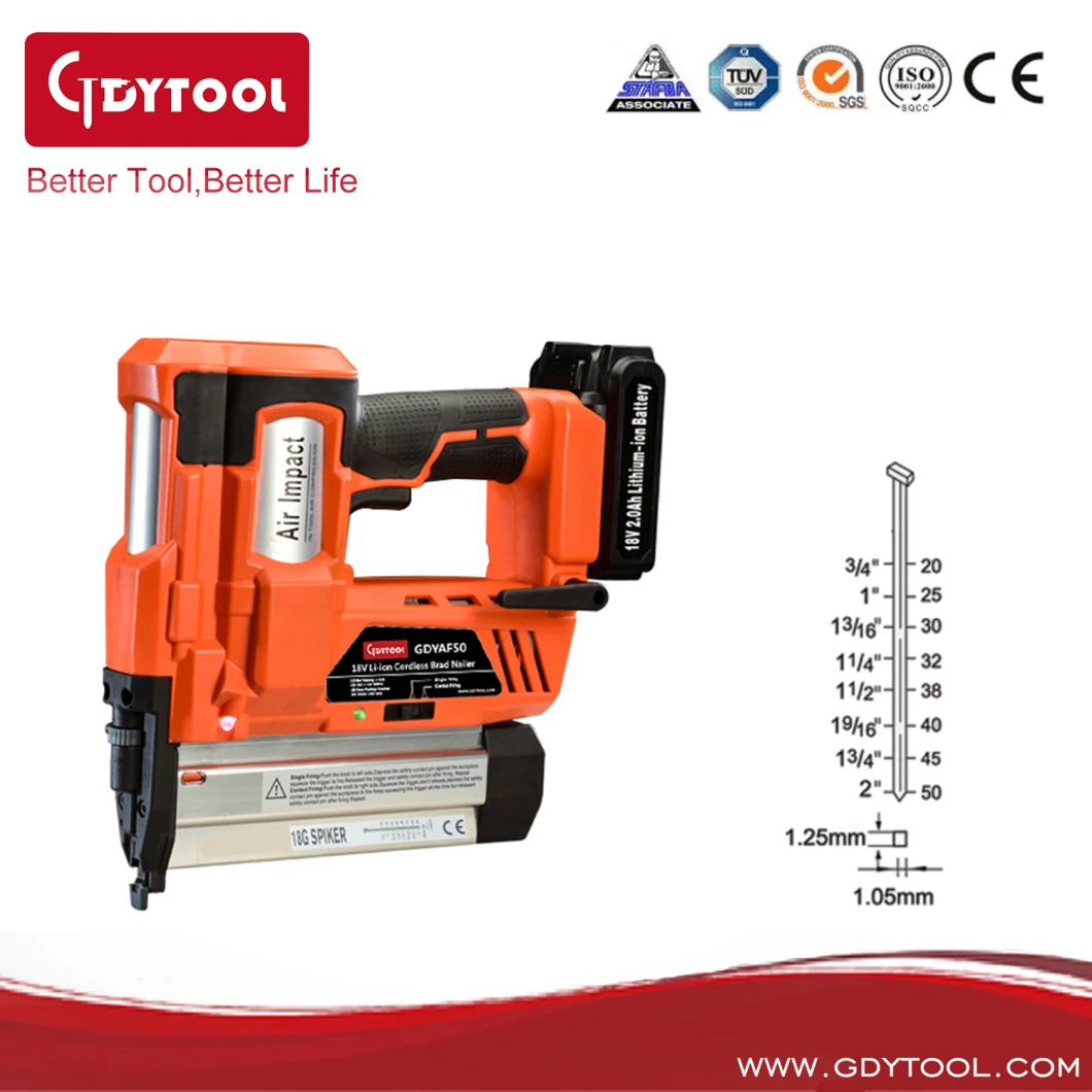 DC 18V Li-ion Battery Nail Gun Cordless Brad Nailer Electric Nail Gun 2′ ′ Guage 18 Cordless Brad Nailer Gdy-Af50