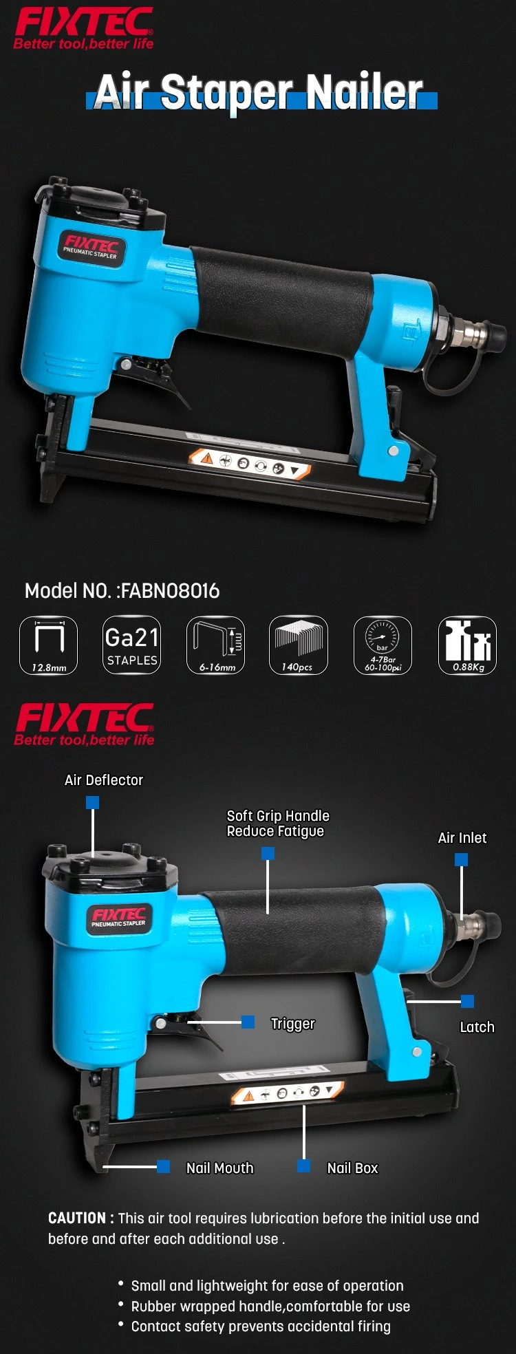 Fixtec Air Stapler Nailer 16mm Nailing Gun Pneumatic Nailer with Low Nail Gun Price